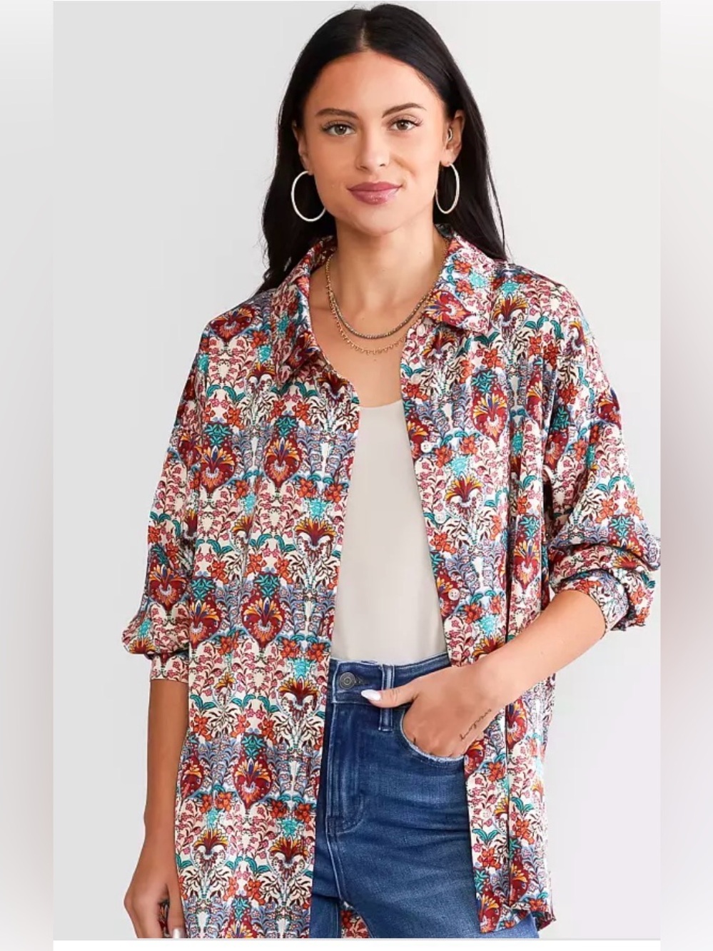 Daytrip Buckle Multicolor Floral Satin Long‎ Sleeve Button Up Blouse Size M BOHO